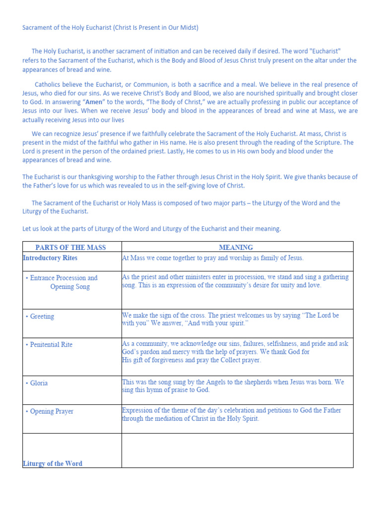 Notes Sacrament Of Holy Eucharist Pdf Eucharist Mass Liturgy