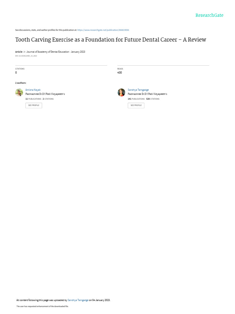 Tooth Carving Exercise As A Foundation For Future Dental Career A