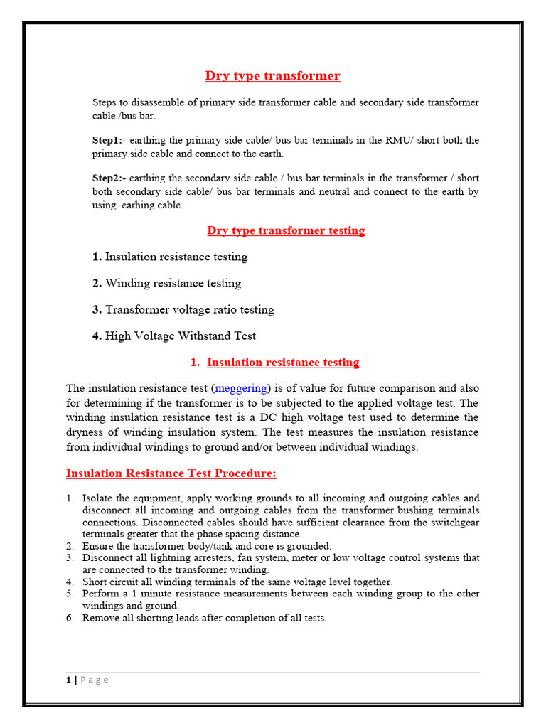 Dry Type Transformer Testing Manual | PDF | Transformer | Electrical ...
