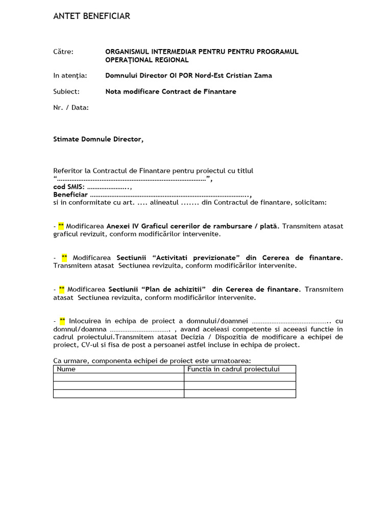 Model Nota Solicitare Modificare Contract | PDF