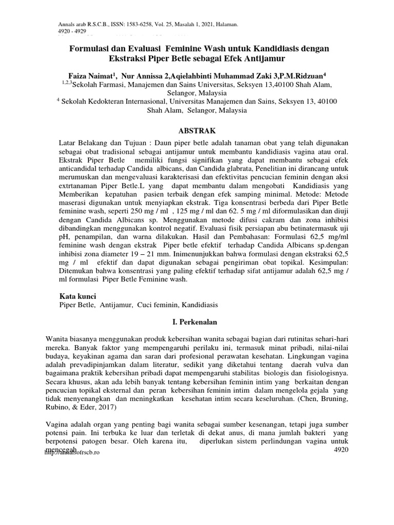 Translate Formulation and Evaluation of Feminine Wash for Candidiasis