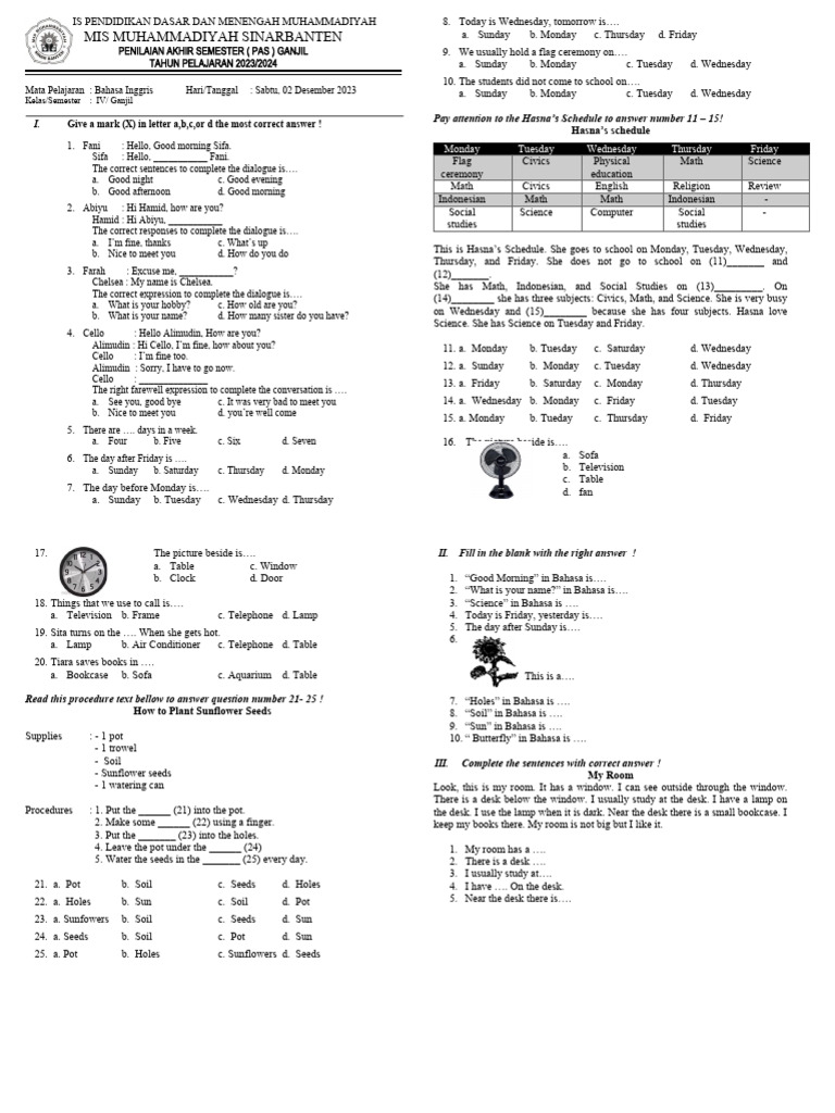 PAS Bahasa Inggris Kelas 4 | PDF | Language Arts & Discipline