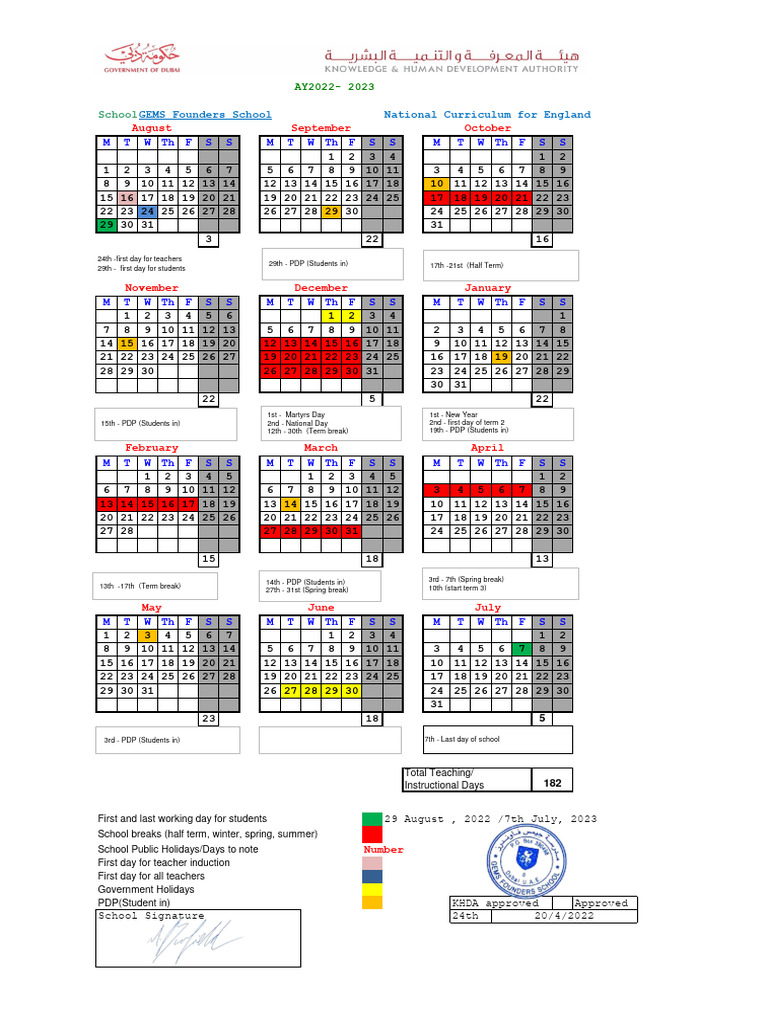 GFS School Calendar 20222023 KHDA Approved PDF Military