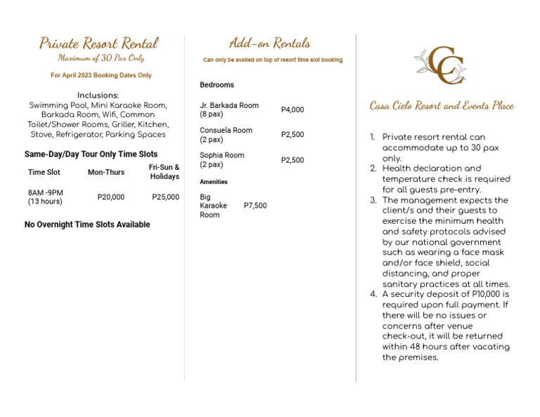 Private Resort Rental Rates | PDF