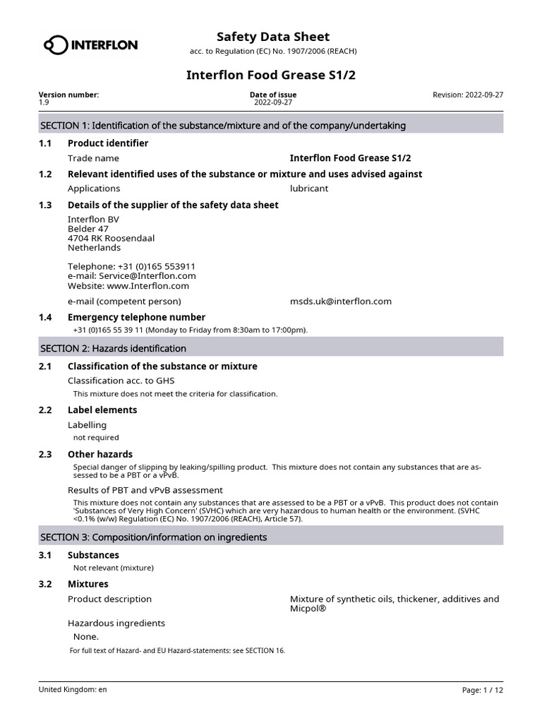 Verde MSDSD 9843 Sds GB en Interflon Food Grease s1 2 PDF