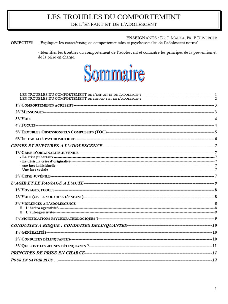 Troubles du comportement chez l'enfant et l'adolescent | PDF | Trouble ...