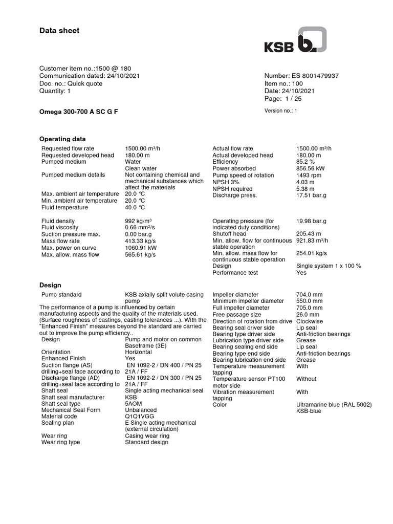Omega 300-700 A SC G F Data Sheet | PDF | Pump | Electric Motor