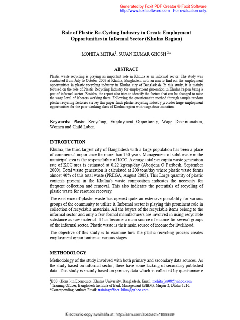 Plastic Recycling's Role in Khulna Employment | PDF | Recycling ...