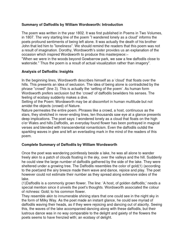 Analysis Daffodils PDF William Wordsworth