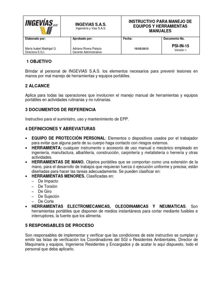 Instructivo de Seguridad para Herramientas Manuales | PDF ...
