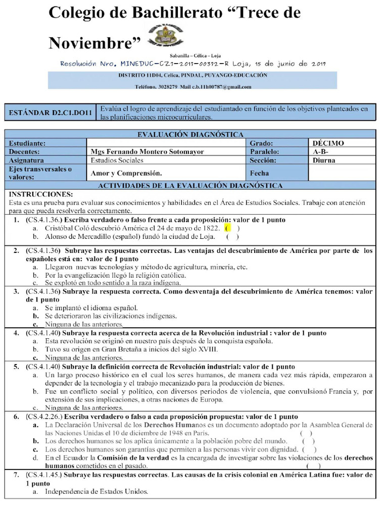 001-Evaluacion Diagnostica - Estudios Sociales - 10mo Basica Superior | PDF