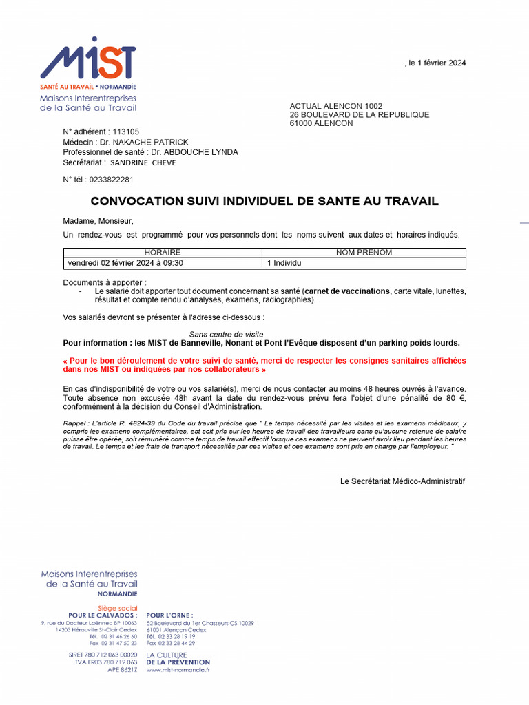 Convocation Suivi Santé au Travail 2024 | PDF