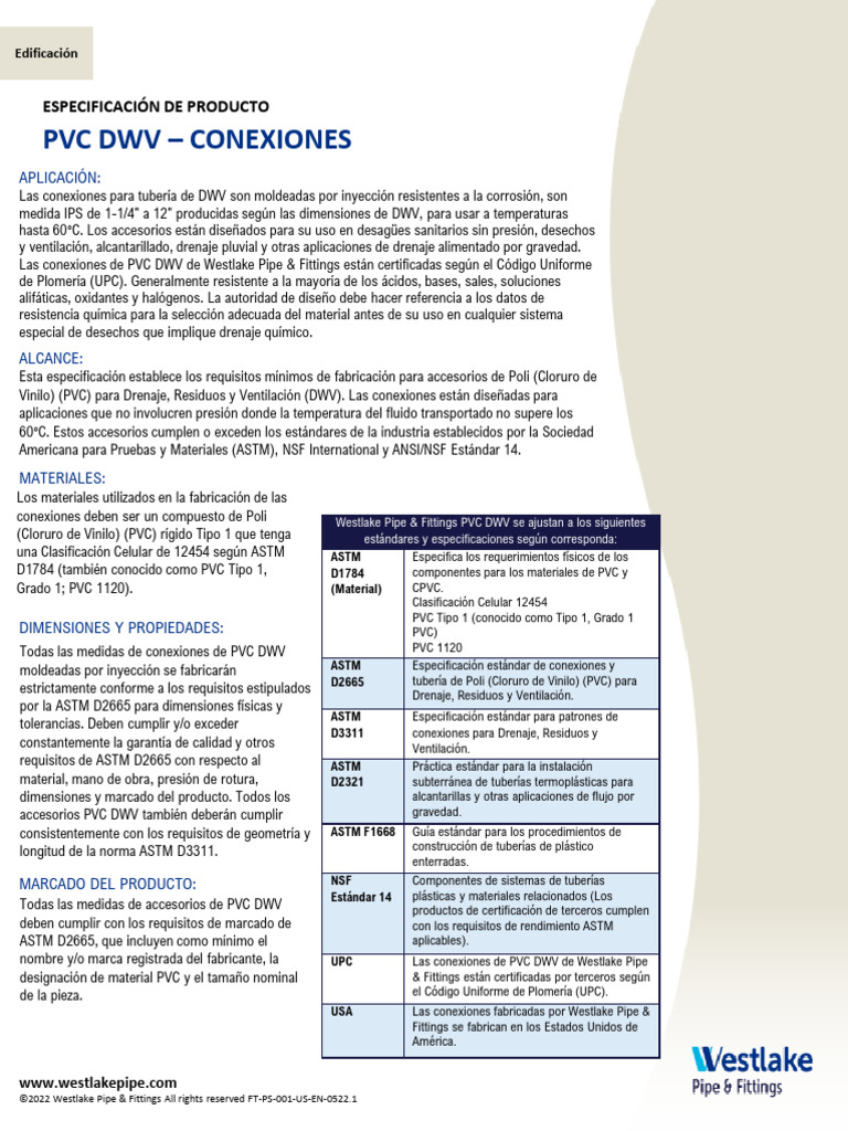 WESTLAKE Especificación de Producto PVC DWV | PDF | Cloruro de ...