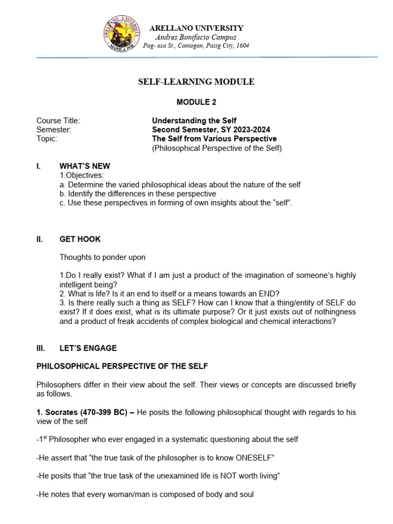 Module 2 Philosophical Perspective Of The Self Pdf Philosophy Of