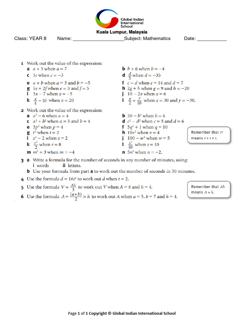 Year 8 Mathematics Worksheet - Kuala Lumpur | PDF | Business