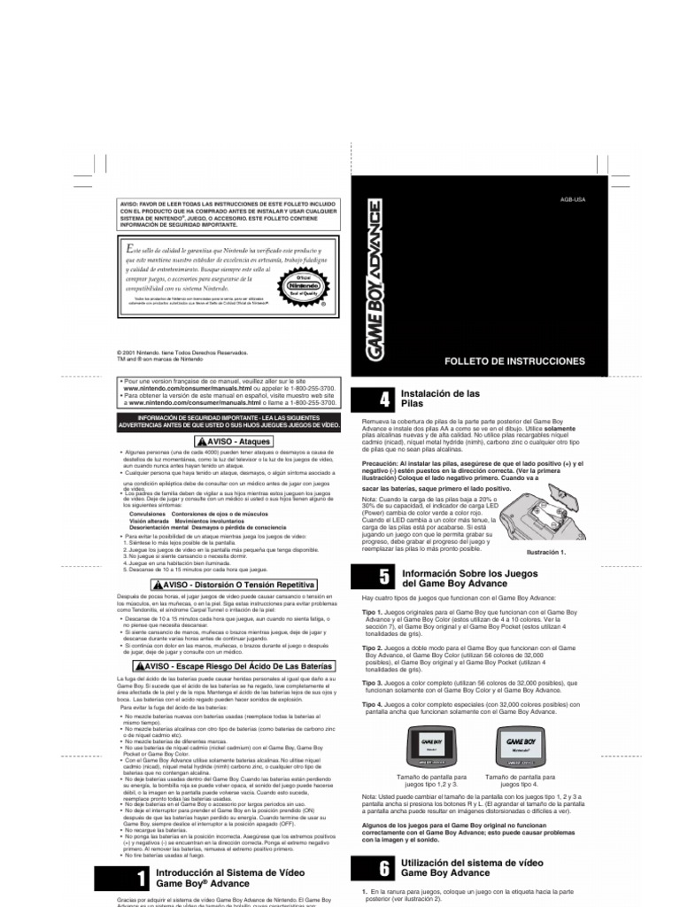 Manual Nintendo GameBoy Advance (Español - 2 Páginas) | PDF | Color ...