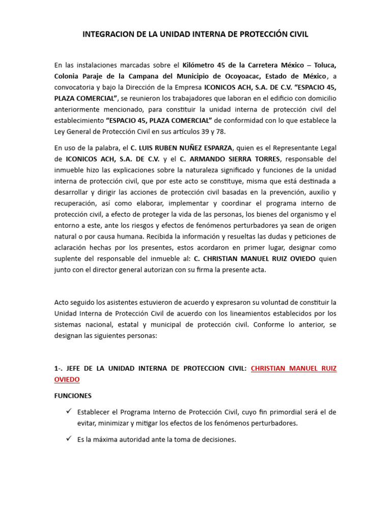 INTEGRACION DE LA UNIDAD INTERNA DE PROTECCIÓN CIVIL (Machote ...
