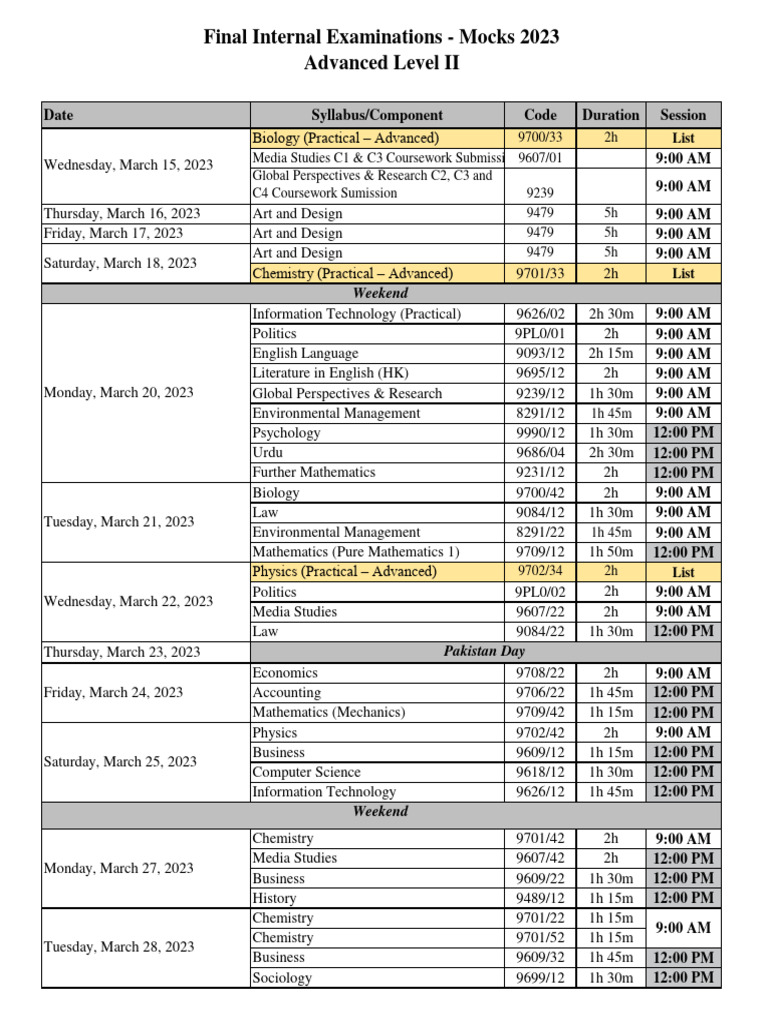 A-Level Mock Exam Schedule | PDF | Gce Advanced Level (United Kingdom ...