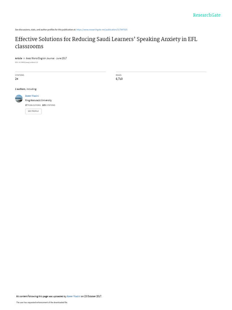 Reducing Speaking Anxiety in Saudi EFL Learners | PDF | English As A ...