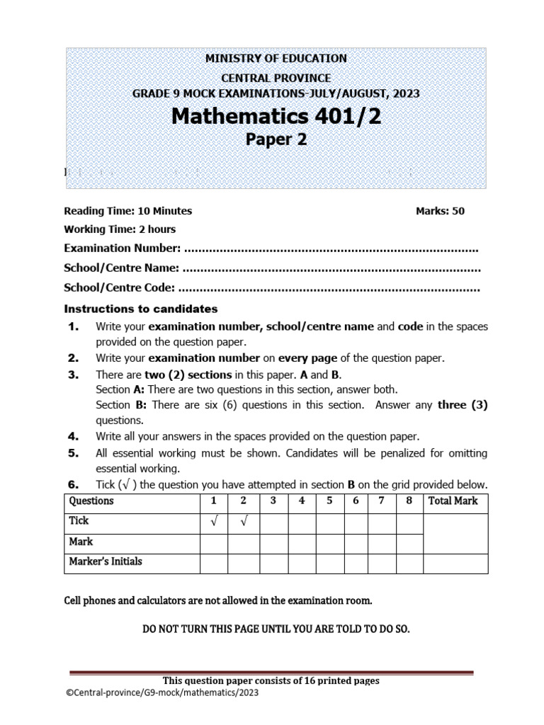 Grade 9 Maths Paper 2Mock 2023 Final PDF Circle Mathematics