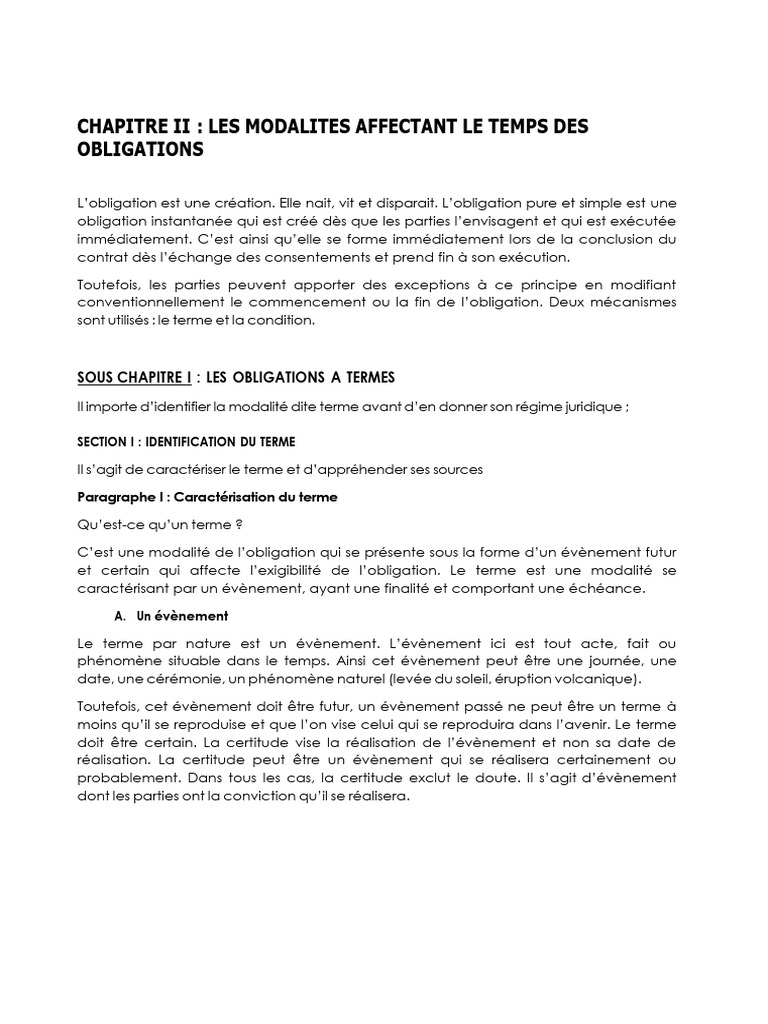 Modalités des Obligations: Termes et Types | PDF | Débiteur | Droit des ...