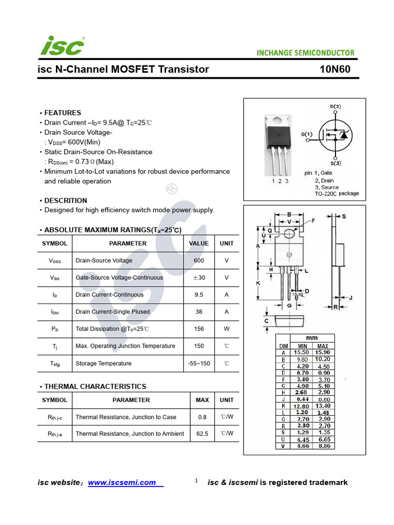 10N60 InchangeSemiconductor | PDF | Field Effect Transistor | Mosfet