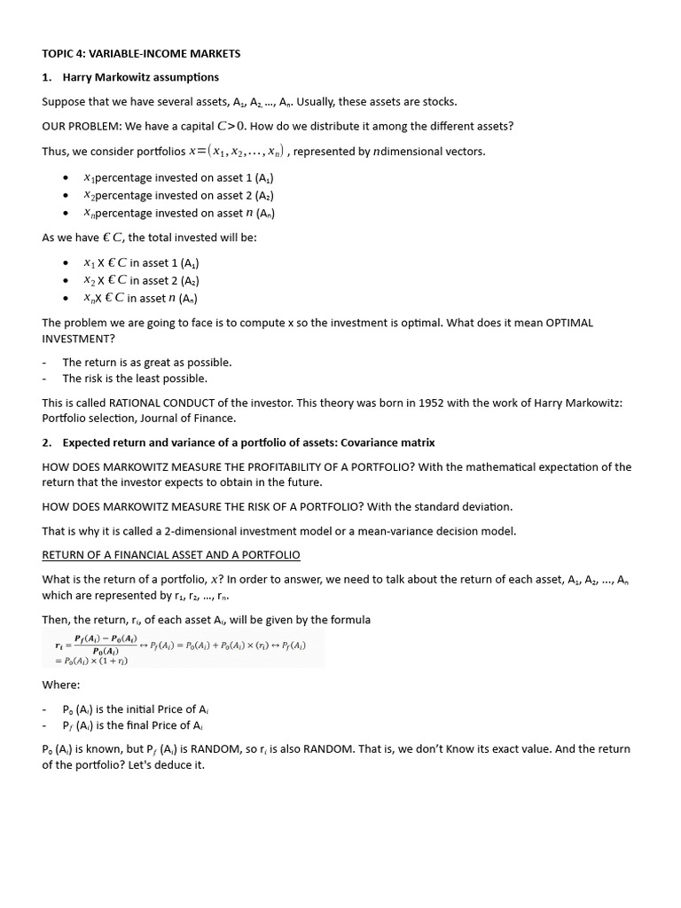 Markowitz Portfolio Theory Explained | PDF | Variance | Financial Risk