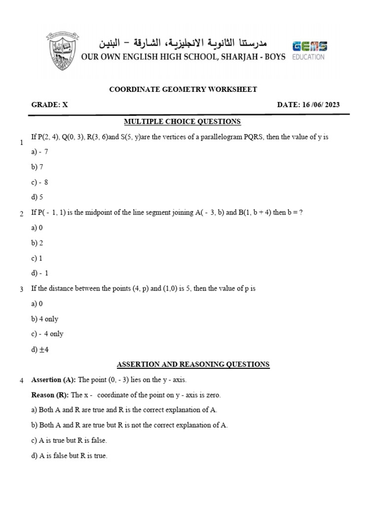 Class 10 Coordinate Geometry Worksheet | PDF | Cartesian Coordinate ...