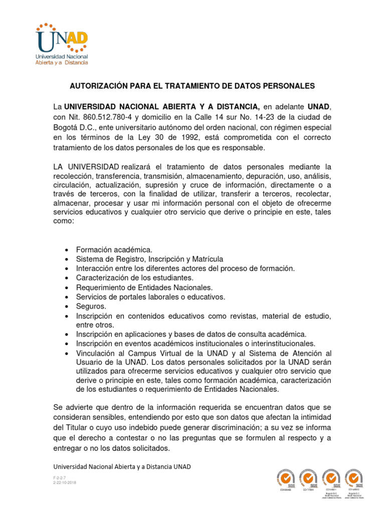 Autorización Tratamiento de Datos UNAD | PDF | Informática