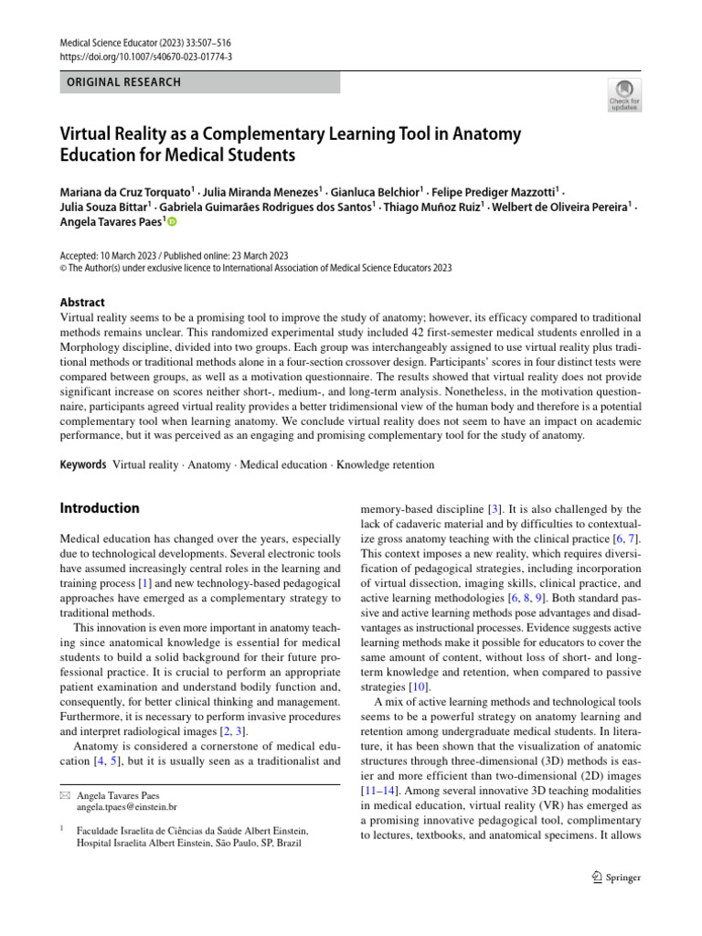 Virtual Reality As A Complementary Learning Tool in Anatomy | PDF ...