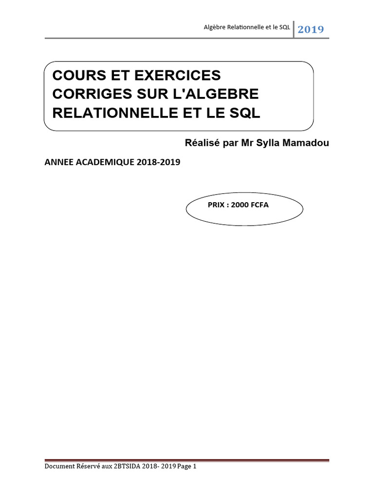 Cours d'Algèbre Relationnelle et SQL | PDF | Bases de données | Base de ...