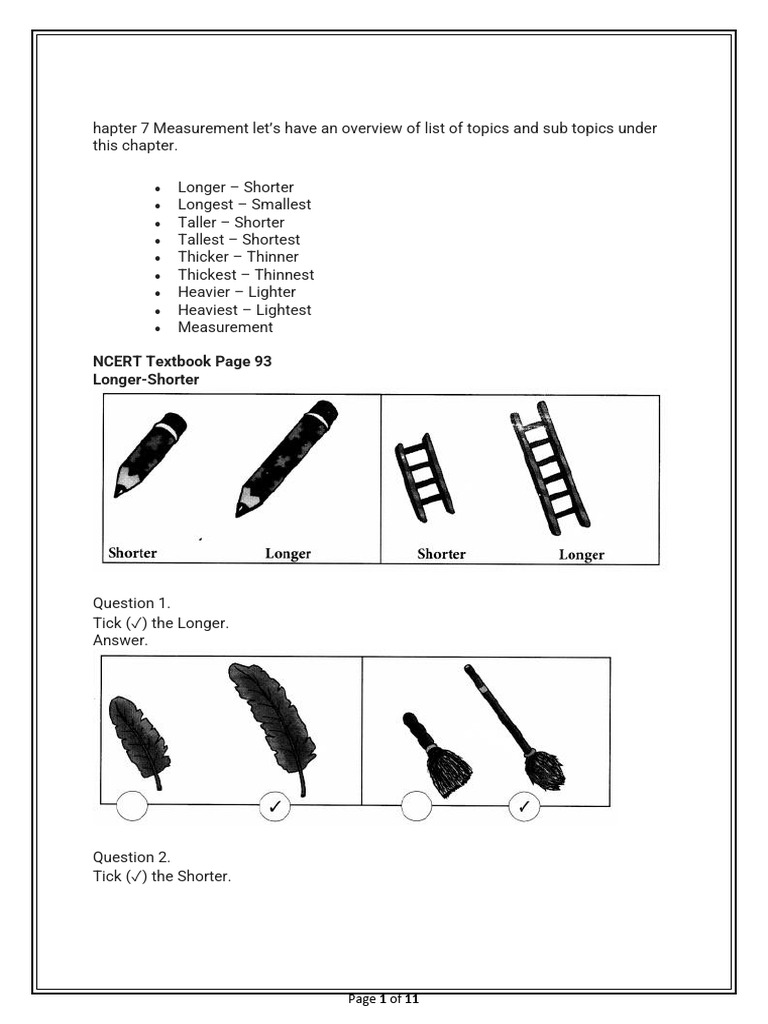 Class 1 Measurement Worksheet | PDF