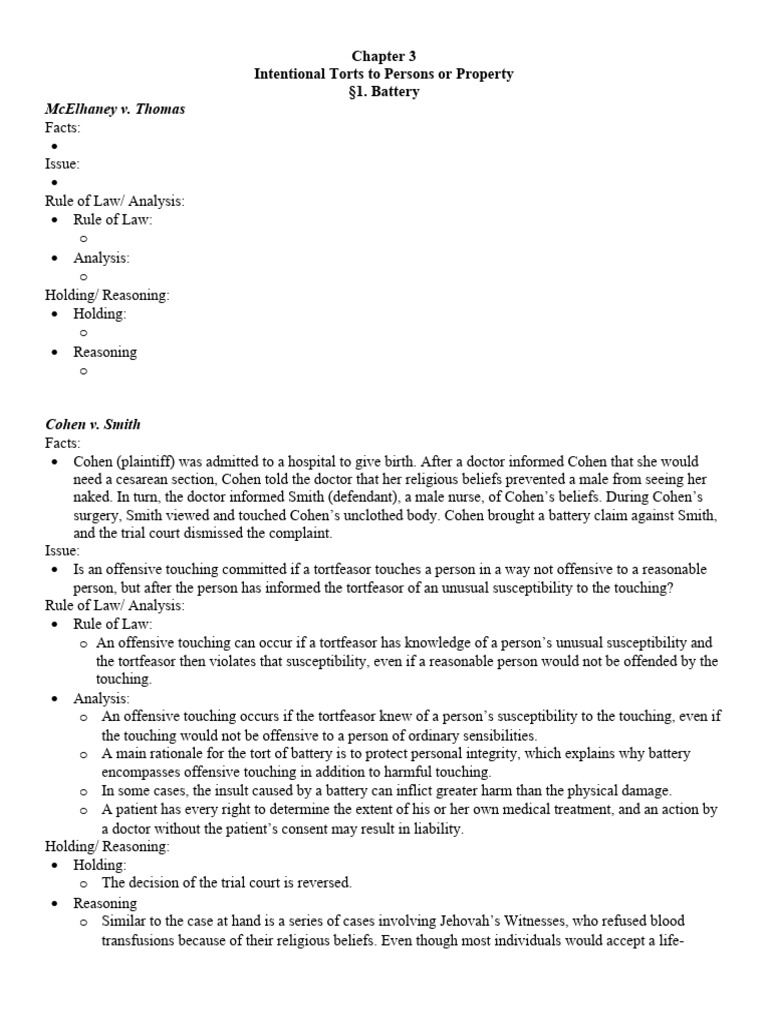 Battery Claims in Tort Law | PDF | Search And Seizure | Trespass