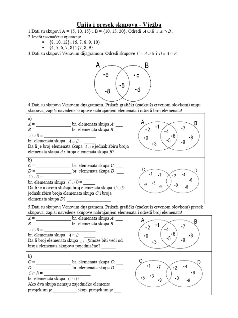 I 06.10.vježba - Unija I Presjek Skupova | PDF