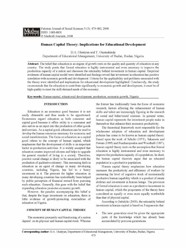 HUMAN CAPITAL THEORY IMPLICATIONS FOR EDUCATIONAL DEVELOPMENT, D ...