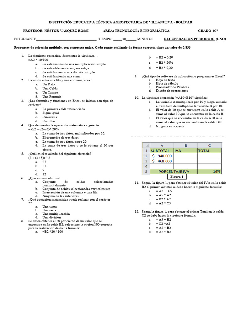 Examen de Excel para Grado 7 | PDF | Microsoft Excel | Hoja de cálculo