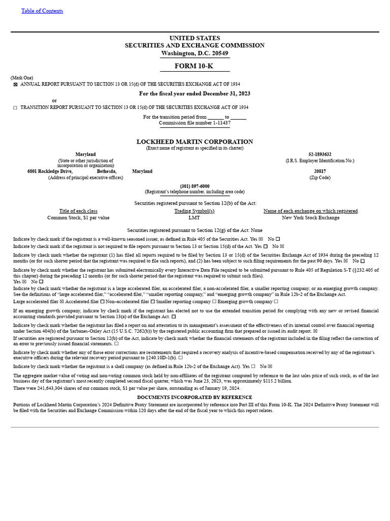 Form 10-K For Lockheed Martin Corp For The Fiscal Year Ended December ...