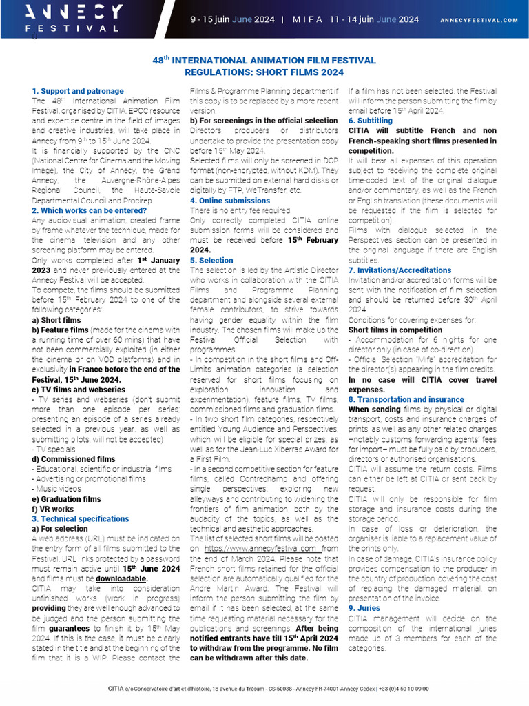 Annecy2024 Regulations Short Films PDF Insurance Copyright