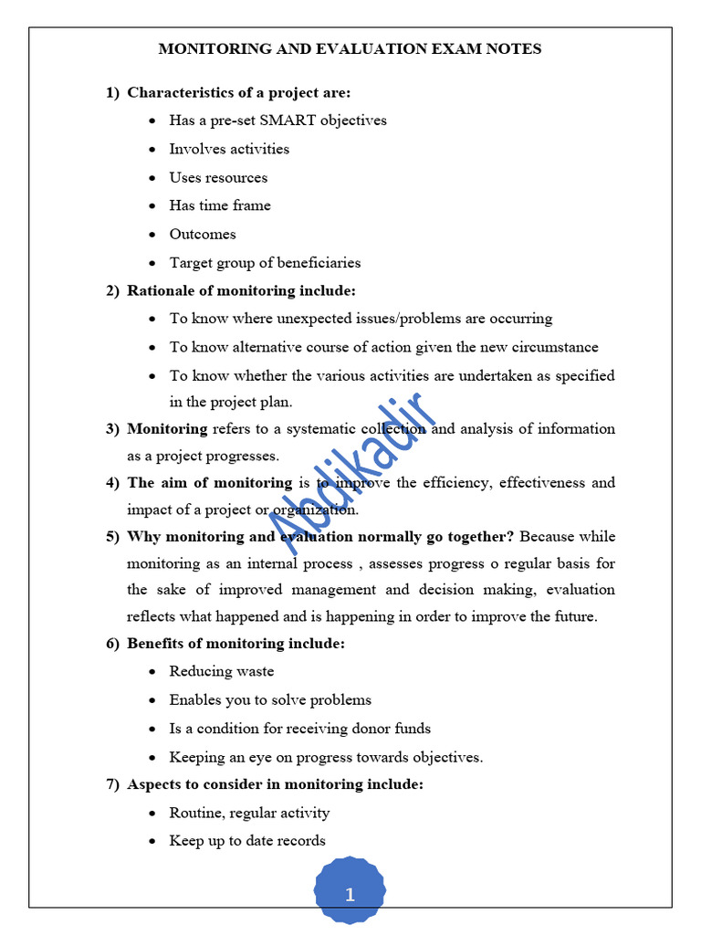 M&E Exam Notes | PDF | Evaluation | Monitoring And Evaluation