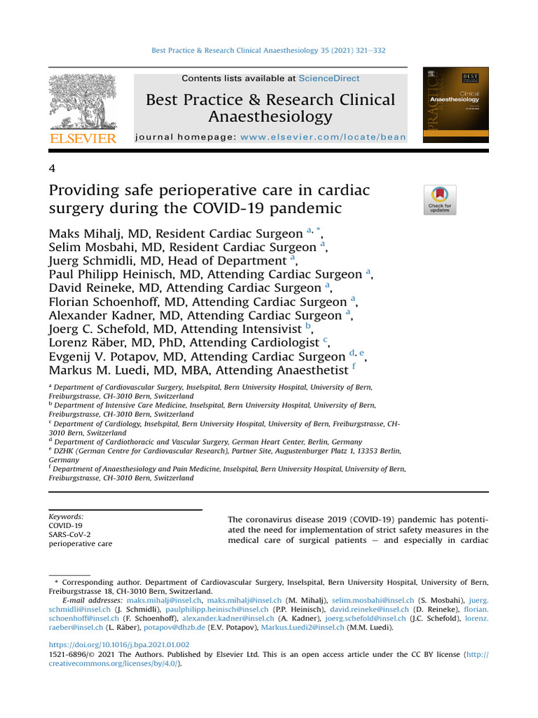 Providing Safe Perioperative Care in Cardiac - 2021 - Best Practice ...