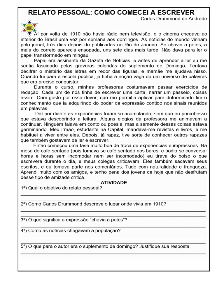 Relato Pessoal 5 Ano | Download grátis PDF | Contos