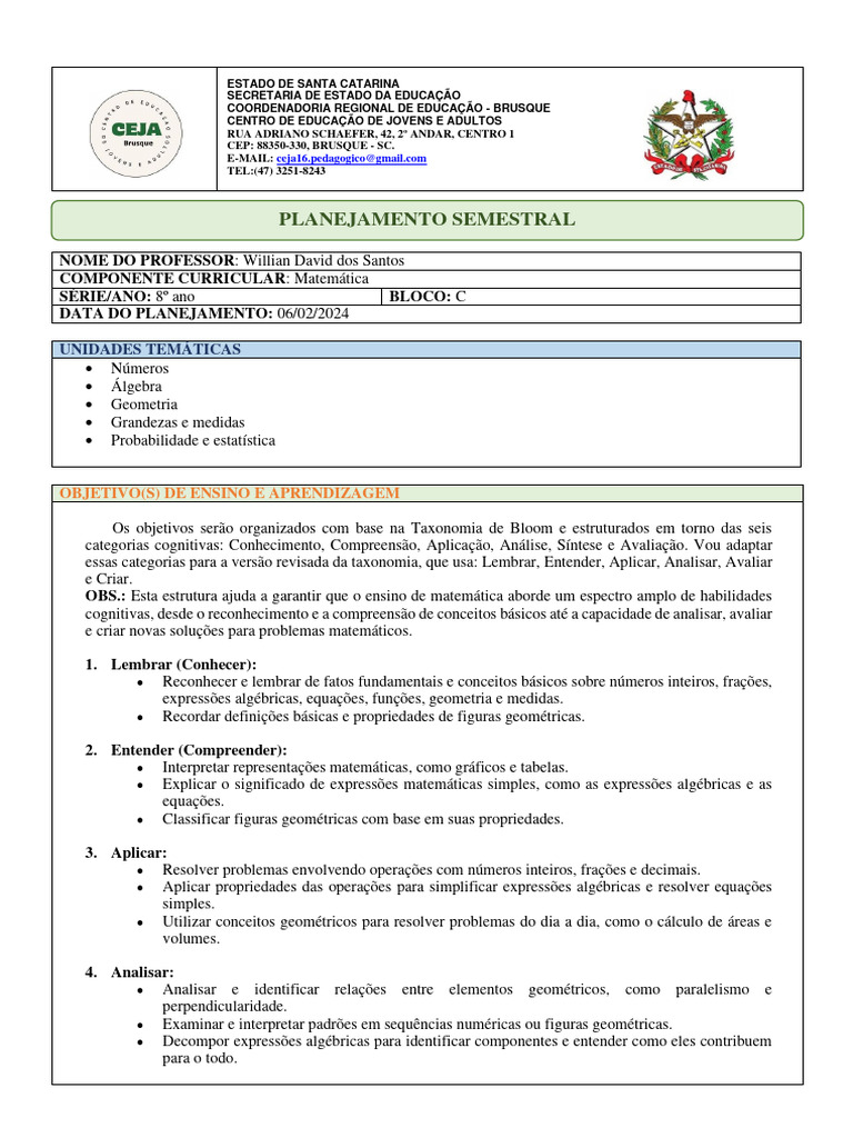 Planejamento de Matemática 8º Ano | PDF | Matemática | Geometria