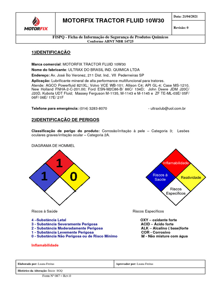 FISPQ Motorfix Tractor Fluid 10W30 | PDF | Água | Química