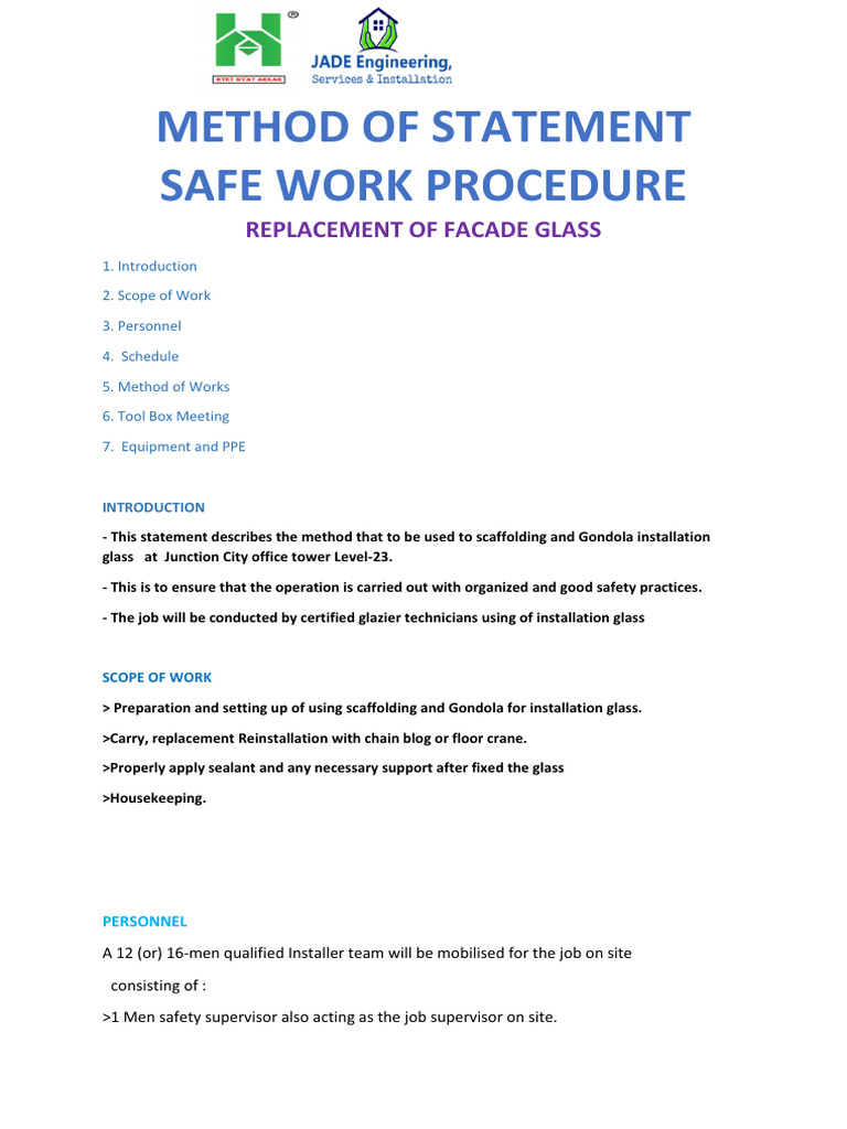 Glass Facade Installation Method Statement | PDF | Personal Protective ...