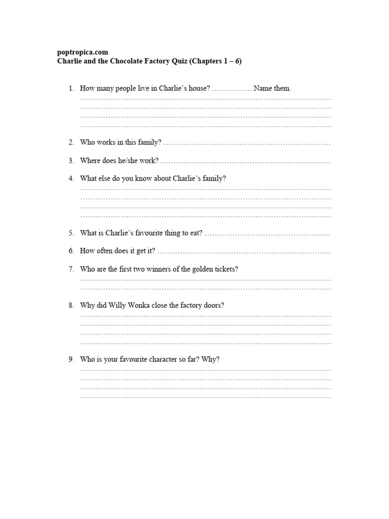 Charlie And The Chocolate Factory Quiz Pdf Candy Confectionery
