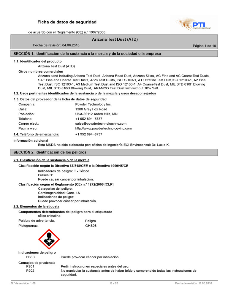 Ficha de Seguridad de Arizona Test Dust | PDF | Materiales | Medicina ...