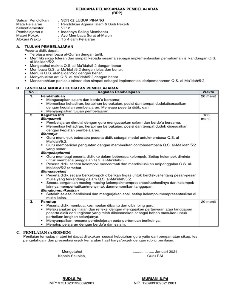 RPP Pai 1 Lembar Kelas 6 SM 2 k13 | PDF | Karier & Perkembangan