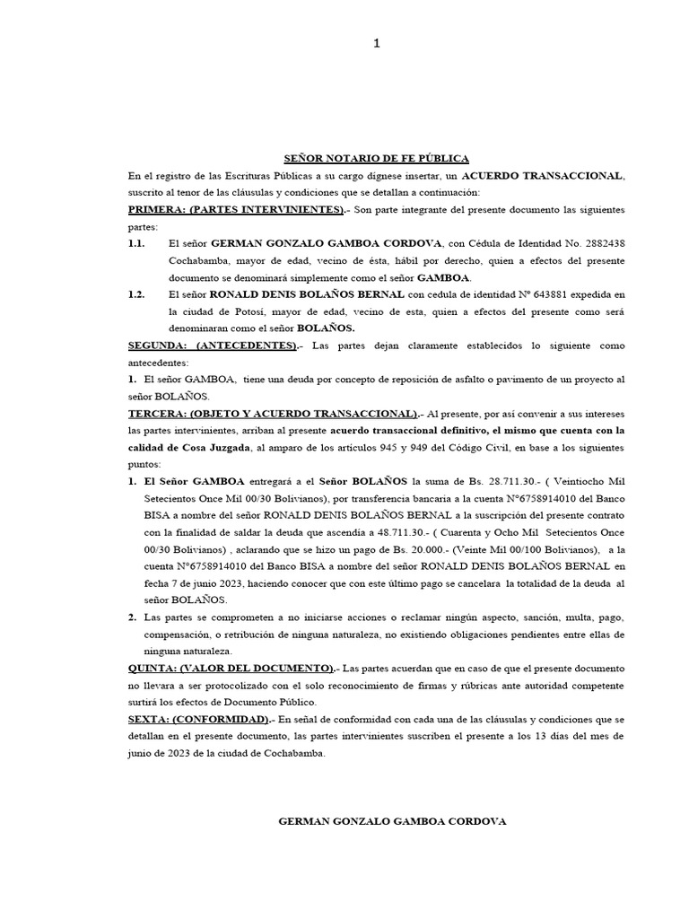 Acuerdo Transaccional BOLAÑOS | PDF | Justicia | Crimen y violencia