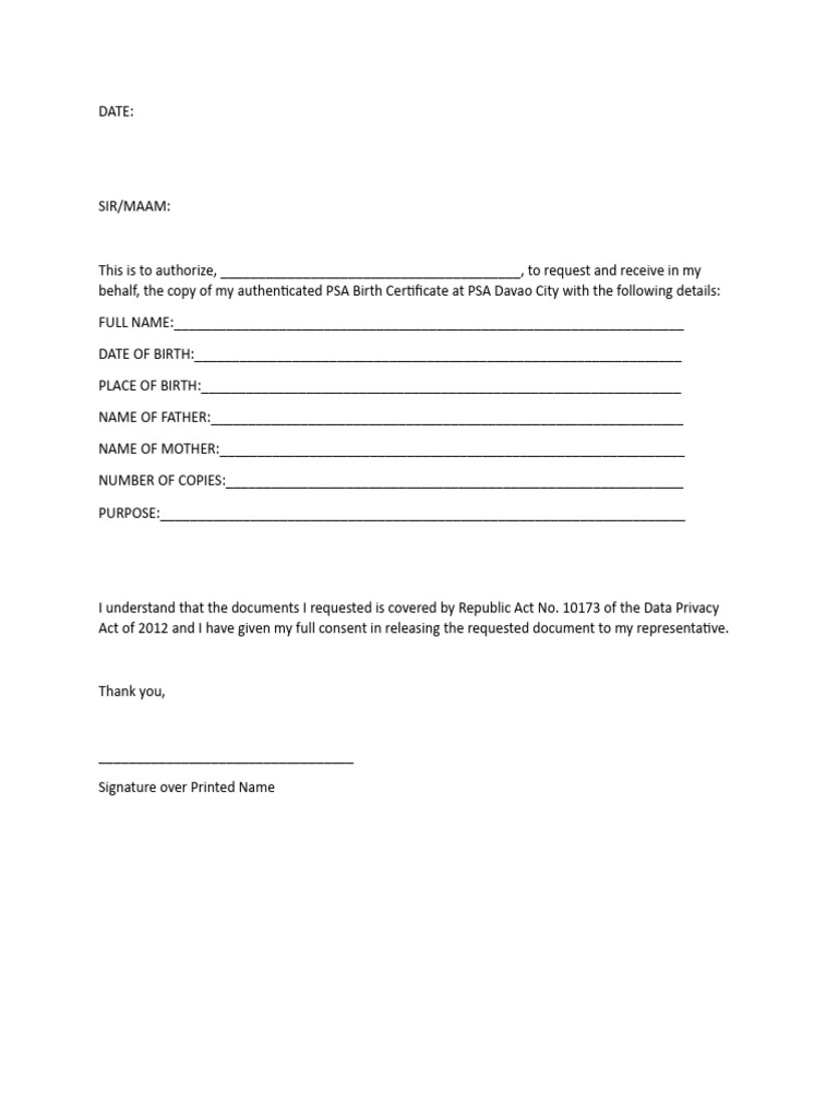Authorization for PSA Birth Certificate Request | PDF | Career & Growth ...