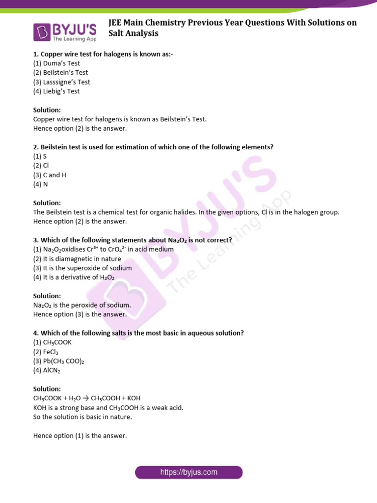 JEE Main Salt Analysis Questions & Solutions | PDF | Copper | Hydroxide